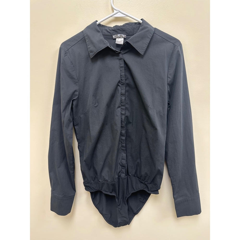 Venus Womens Black Long Sleeve Button Down Bodysuit Size 12 Office Professional